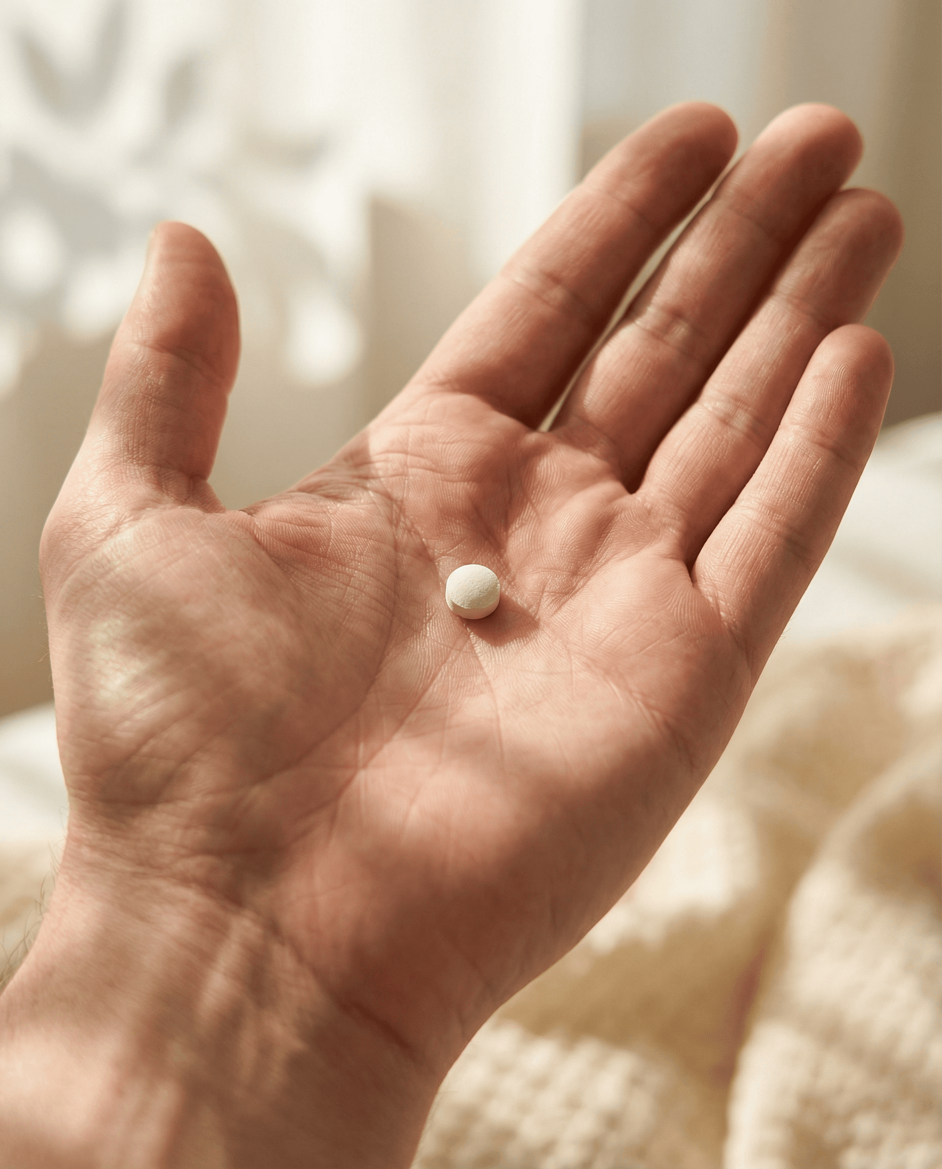 VERO sublingual tablet held in palm — single dose, pharmaceutical-grade