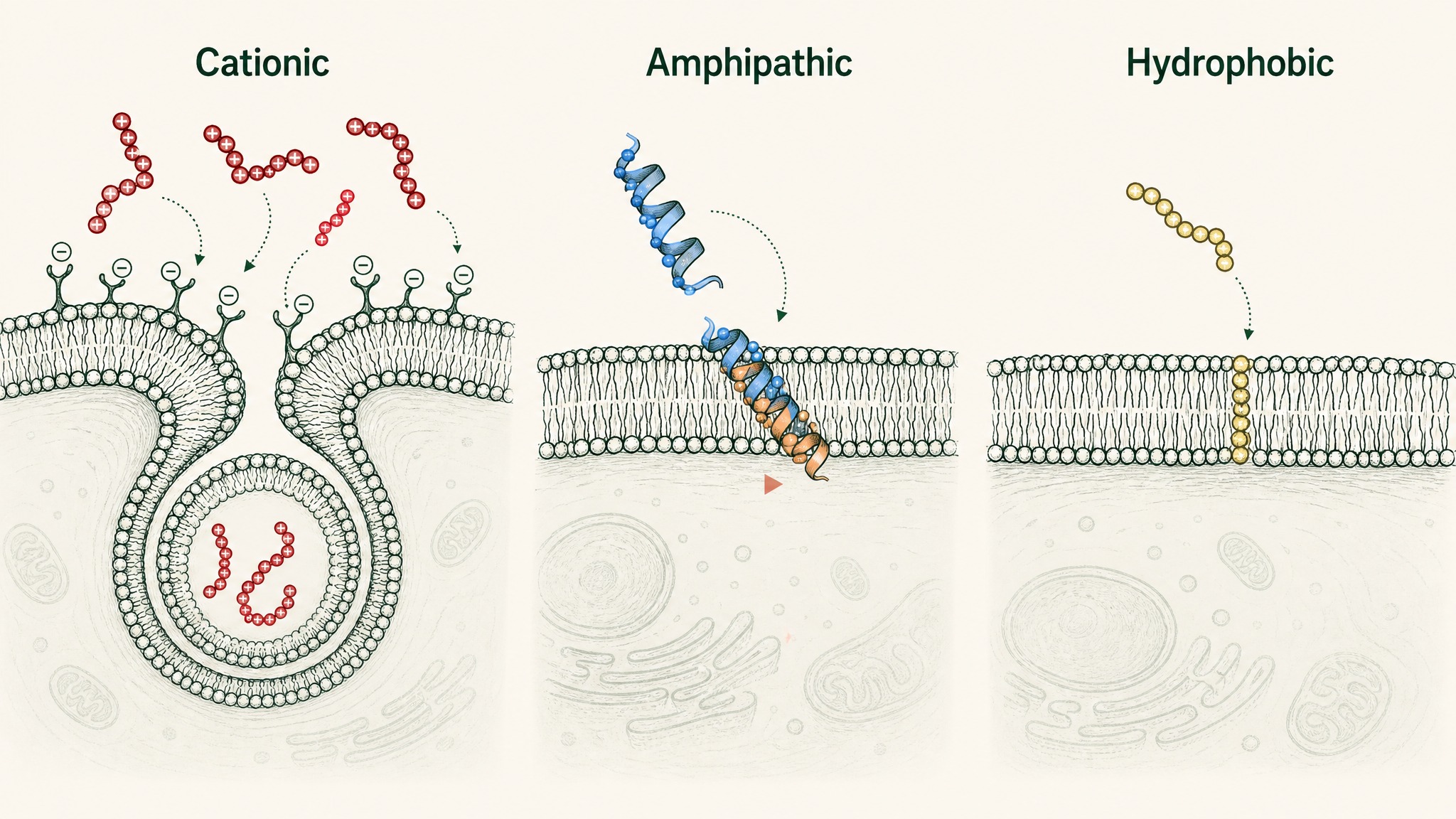 How three peptide classes cross the cell membrane using different chemical properties and entry routes.