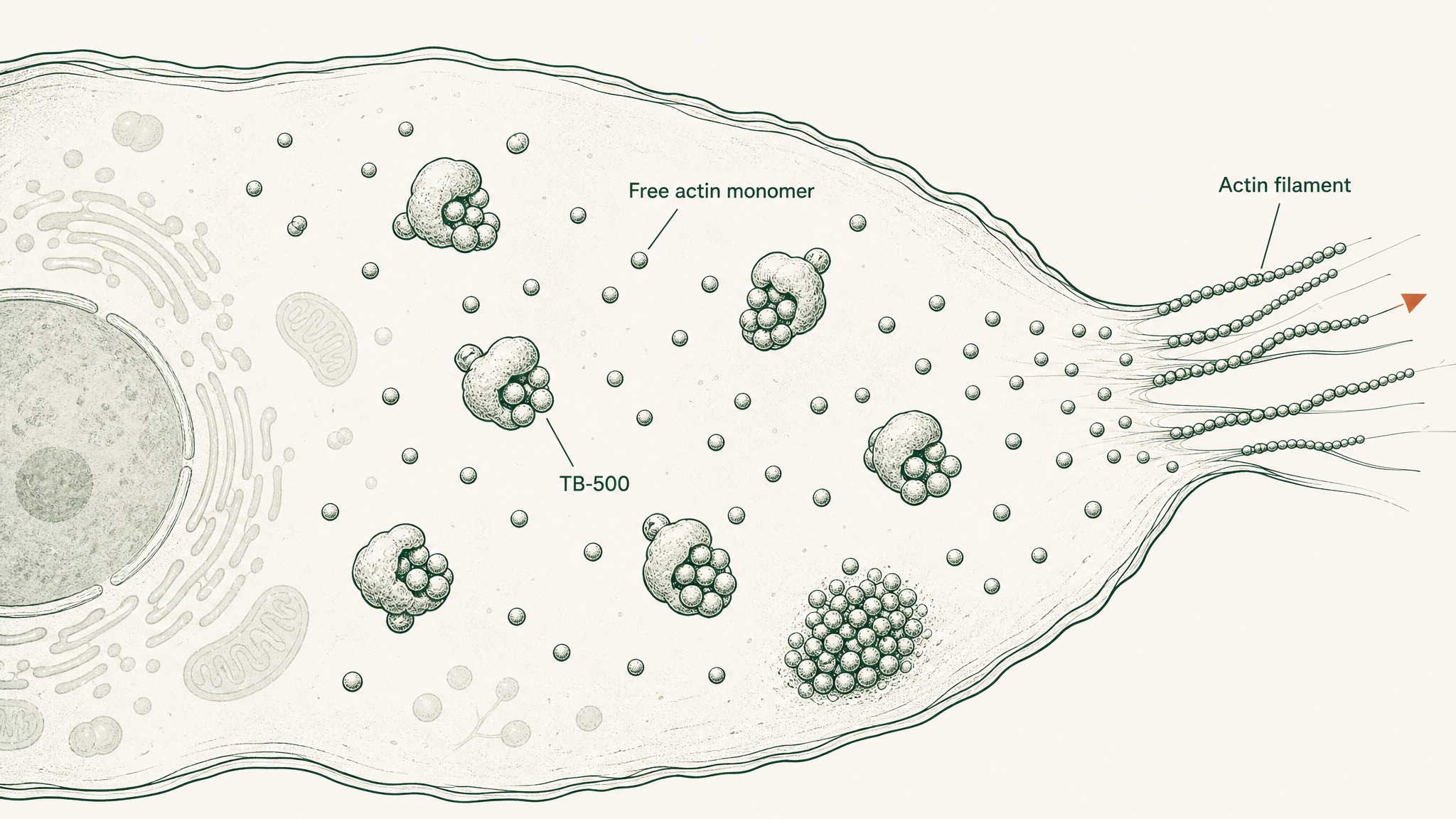 Illustration of TB-500 molecules binding loose actin monomers inside a fibroblast, with directional arrows showing the cell migrating toward a labelled wound site and new capillary sprouts forming alongside it