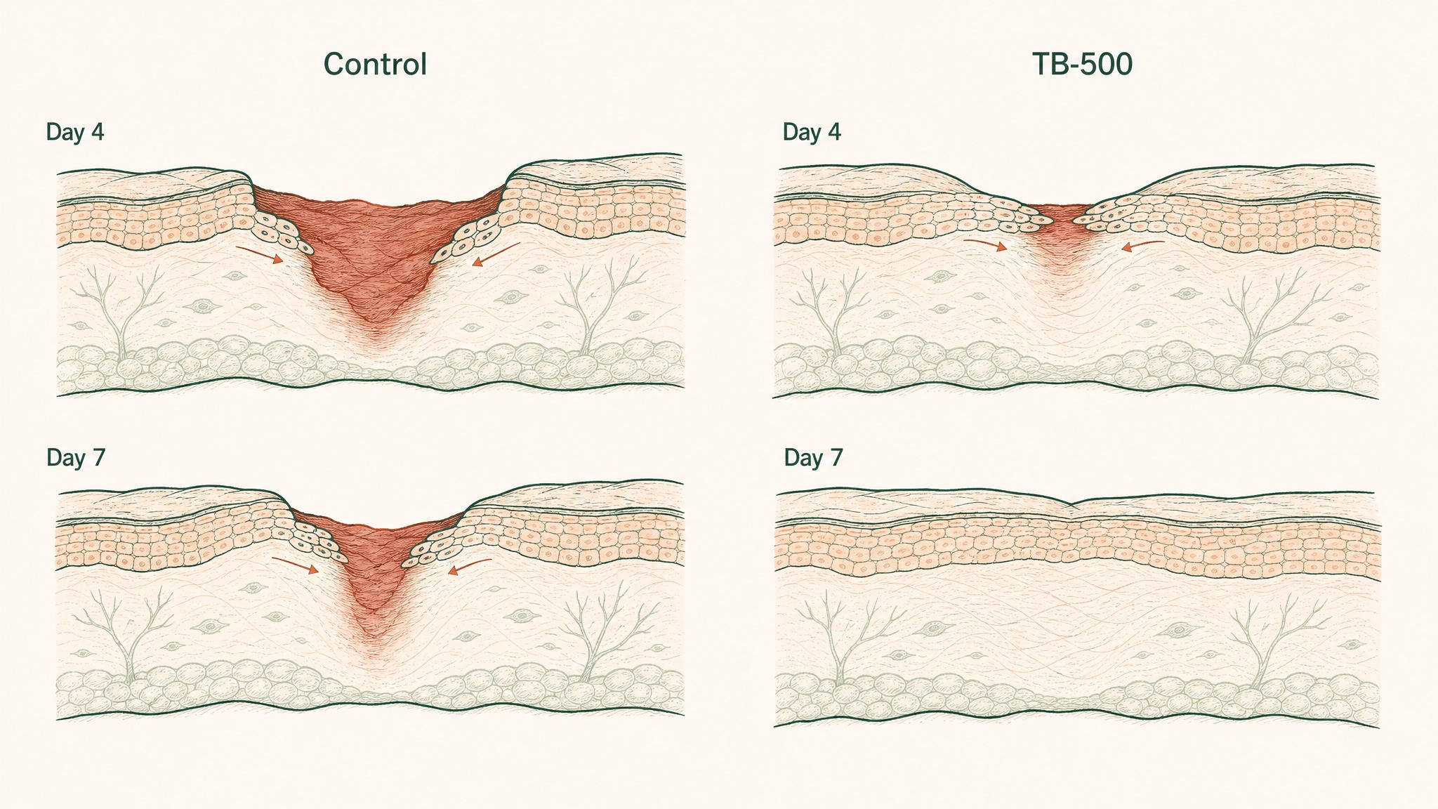 Time-course chart showing re-epithelialization percentage at day four and day seven in a rodent wound model, comparing the Thymosin Beta-4 treated curve against the saline control curve with collagen deposition layers diagrammed below