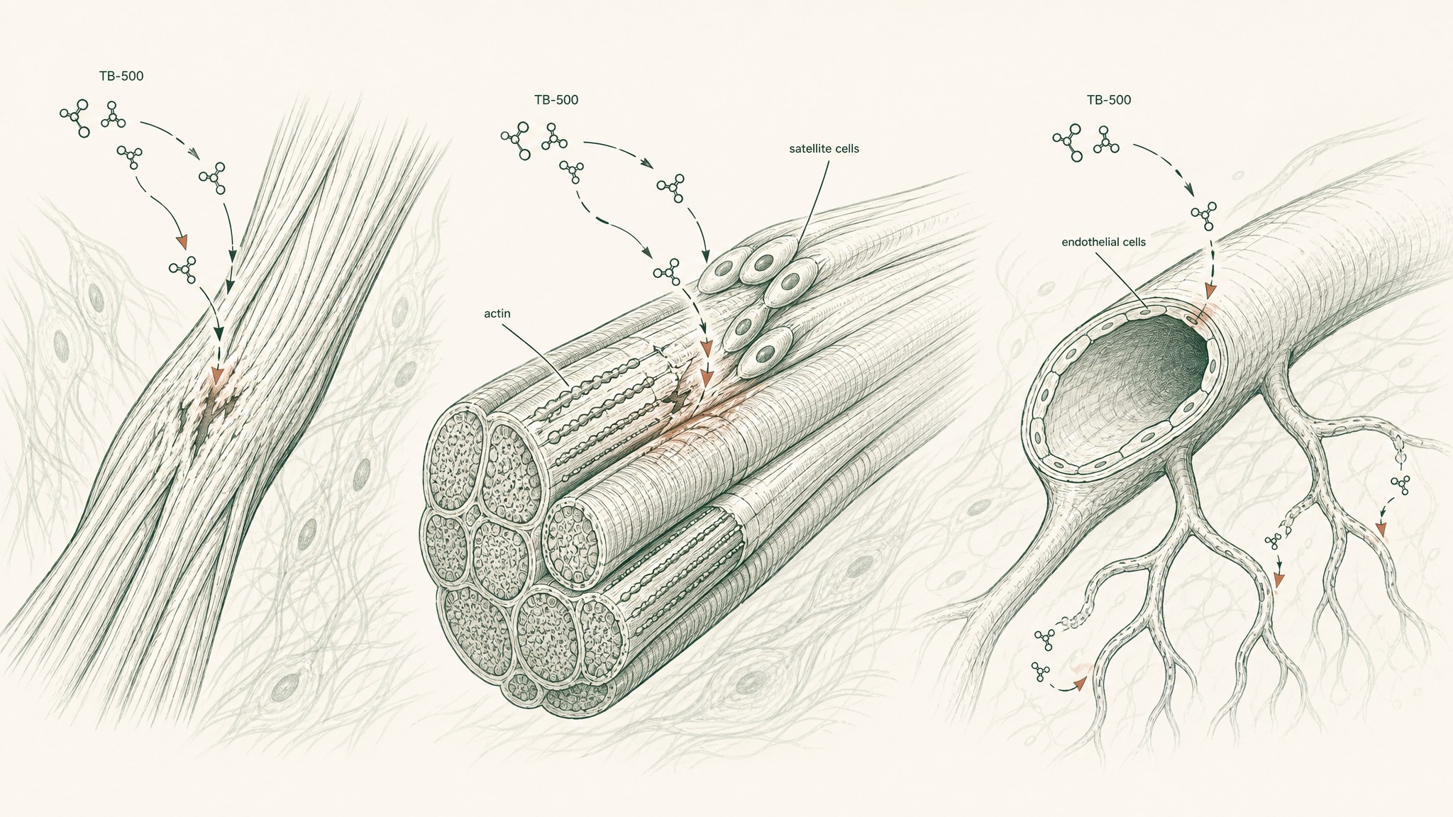 Cross-section diagram of torn skeletal muscle fibres with satellite cells migrating along a chemoattractant gradient toward the damaged zone, with C2C12 myoblast culture inset showing accelerated wound closure