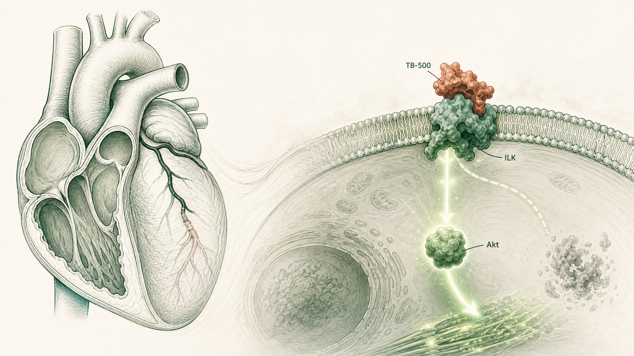 Side-by-side mechanism comparison illustration showing TB-500's actin-binding angiogenesis pathway on the left and BPC-157's FAK-paxillin tendon-bone repair pathway on the right, with tissue specialisation icons labelled under each